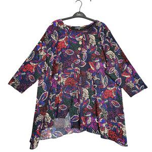 Calessa Artsy Floral Button Handkerchief Tunic Crinkle Textured SIZE 3X LL24S18W